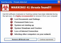 Counterfeit 'threats found' alert displayed by fake antivirus