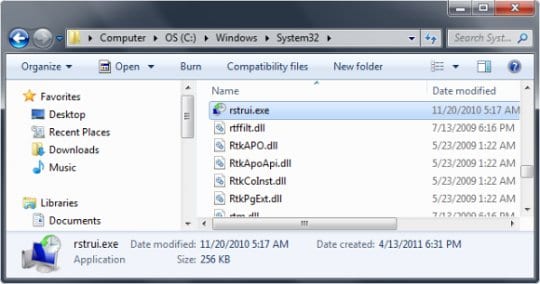Не удается найти rstrui exe windows 7