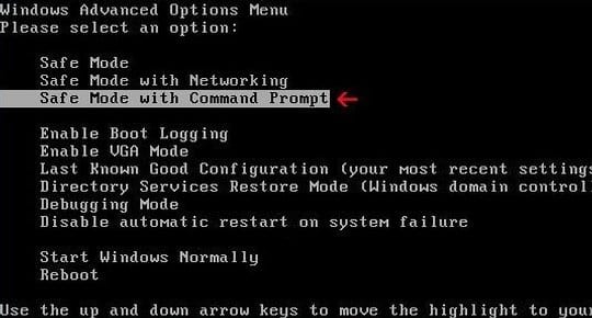 Safe Mode with Command Prompt under Windows Advanced Options Menu
