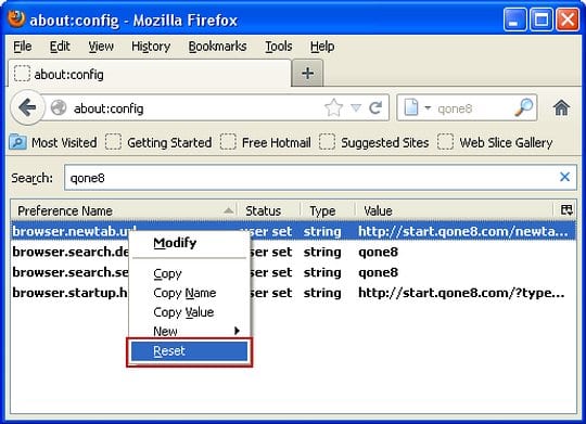 Entries related to Qone8 in Firefox preferences