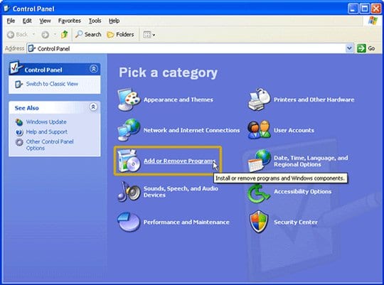 Select Add or Remove Programs on Windows XP