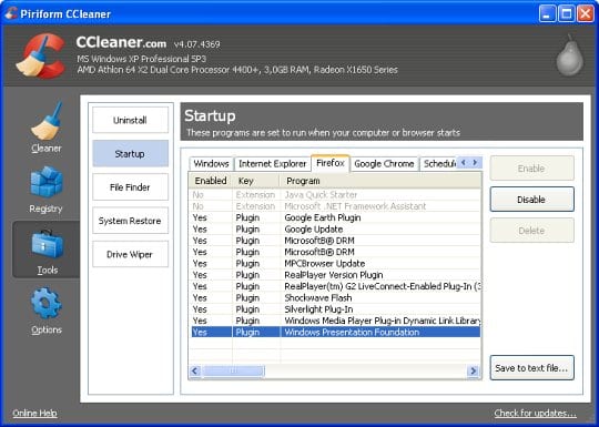 CCleaner - list of startup entries