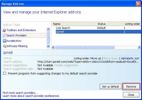 Remove Qone8 from the list of IE search providers