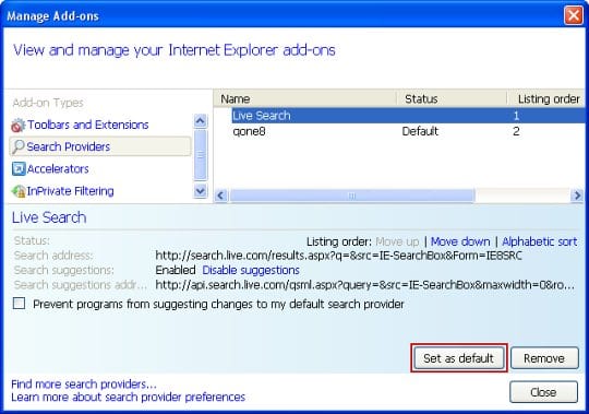 Set a default search provider other than Qone8