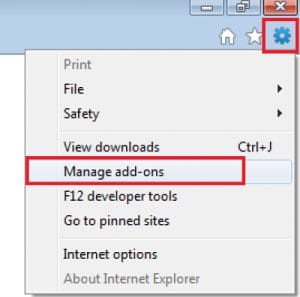 Access the Manage add-ons screen in IE