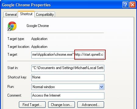 Remove Start.qone8.com from Chrome shortcut's Target field