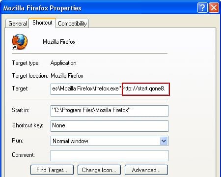 Remove Start.qone8.com from Firefox shortcut settings