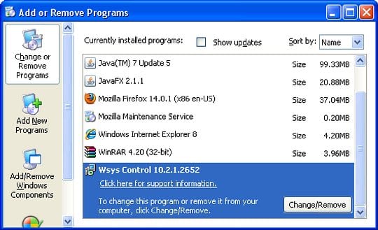 Related adware listed on Add or Remove Programs interface