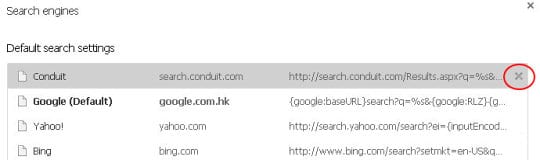 Delete Conduit from the list of search engines
