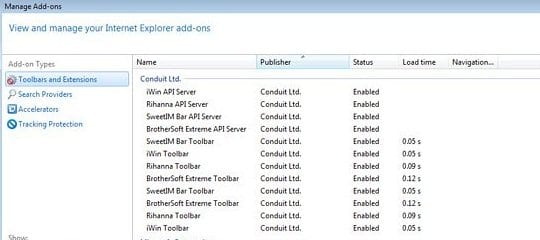 Remove Conduit's entries from Internet Explorer add-ons