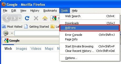 Select Add-ons in Firefox Tools menu