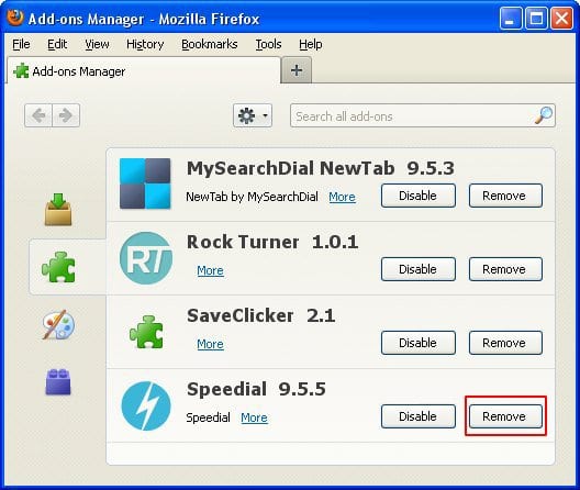 Remove Speedial Firefox extension
