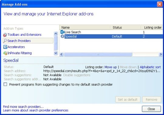 Find and remove Speedial from IE search providers list
