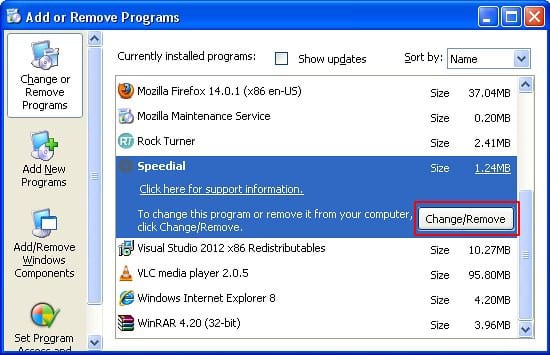 Uninstall program associated with Speedial