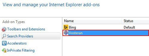 Find and remove Vosteran from IE search providers list