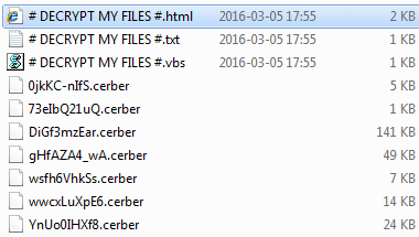Ransom instructions and encoded .cerber files within a folder