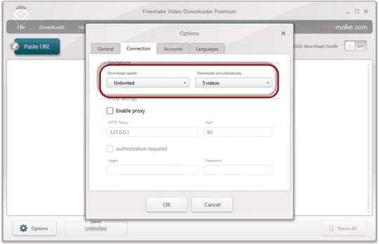 Freemake Video Downloader: Connection-settings