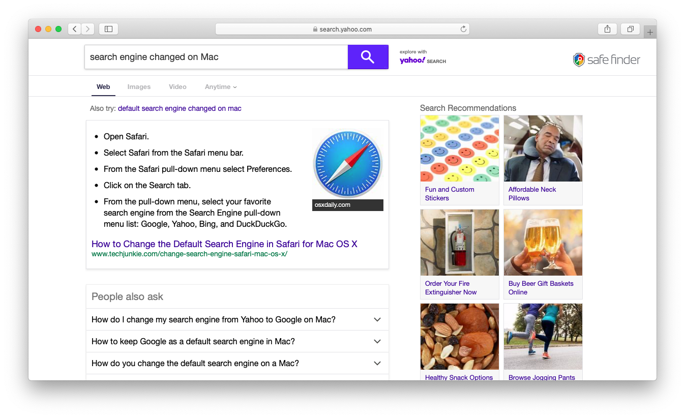 Safari redirected to custom Yahoo Search page imposed by Safe Finder virus