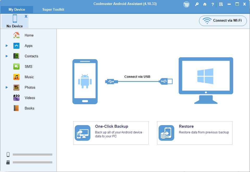 Coolmuster Android Assistant UI – no device connected