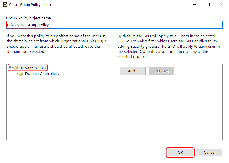 Specify new Group Policy object