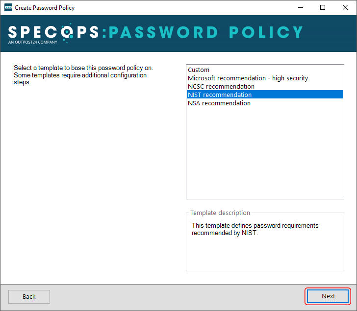 Select password policy template