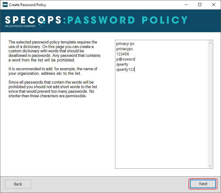 Password policy custom dictionary