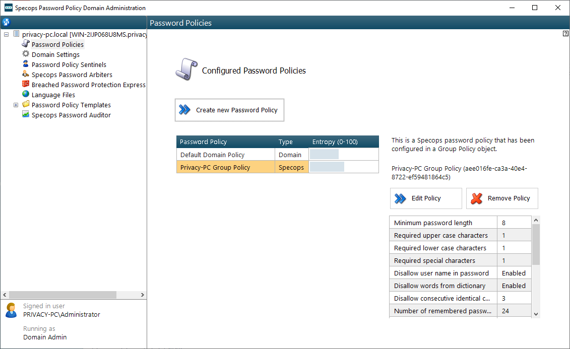 Specops Password Policy Domain Administration UI