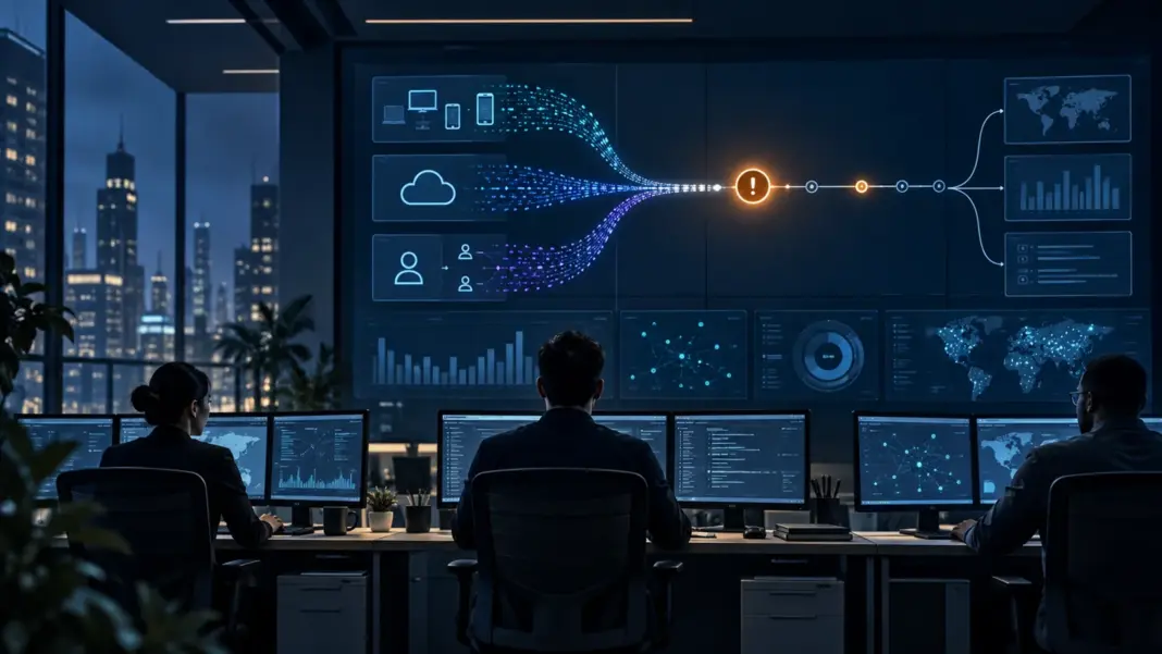 Security analysts correlating endpoint, cloud and identity signals in a security operations center